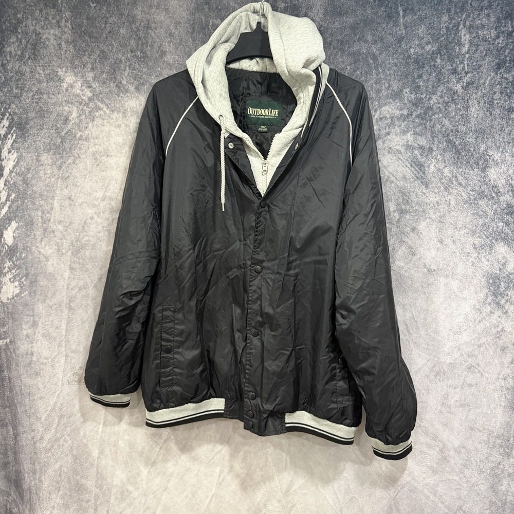 Outdoor Life Men's XL Black Jacket Gray Hoodie 2-in-1 Layered Full Zip Snap Coat